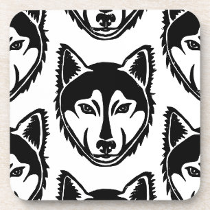 Black and White Husky Portrait Lino Cut Pattern Coaster