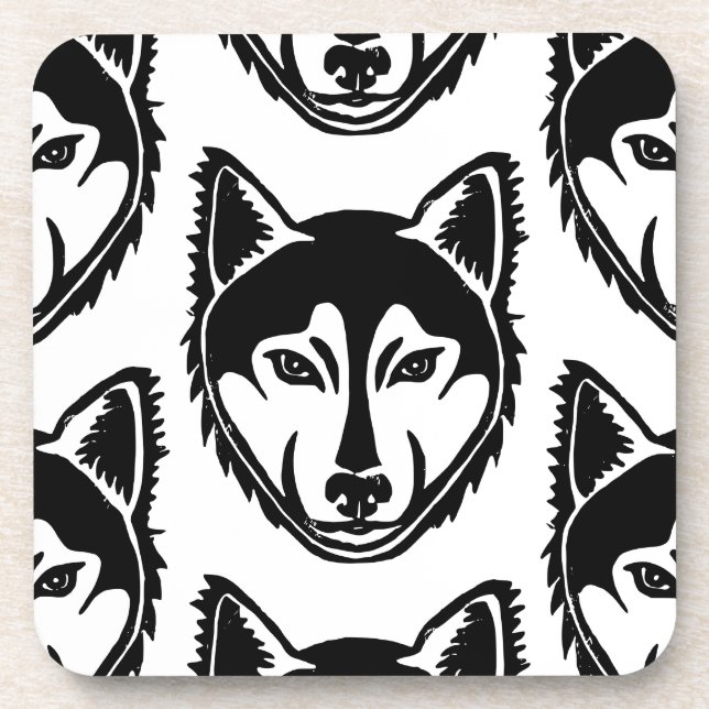 Black and White Husky Portrait Lino Cut Pattern Coaster (Front)