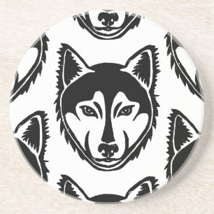 Black and White Husky Portrait Lino Cut Pattern Coaster