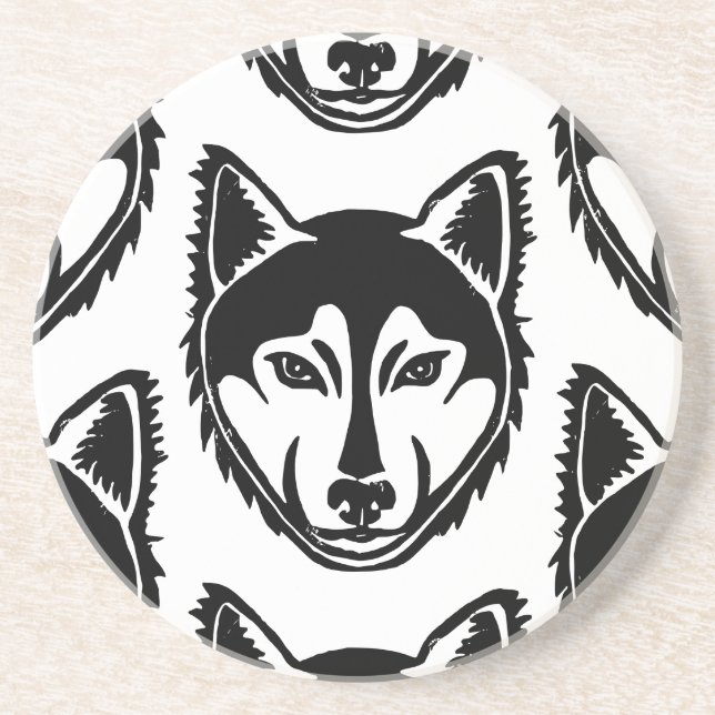 Black and White Husky Portrait Lino Cut Pattern Coaster (Front)