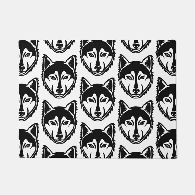 Black and White Husky Portrait Lino Cut Pattern Doormat (Front)