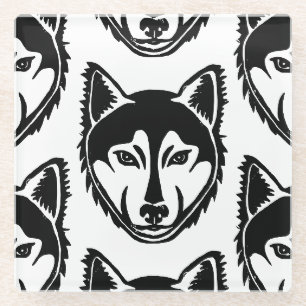 Black and White Husky Portrait Lino Cut Pattern Glass Coaster
