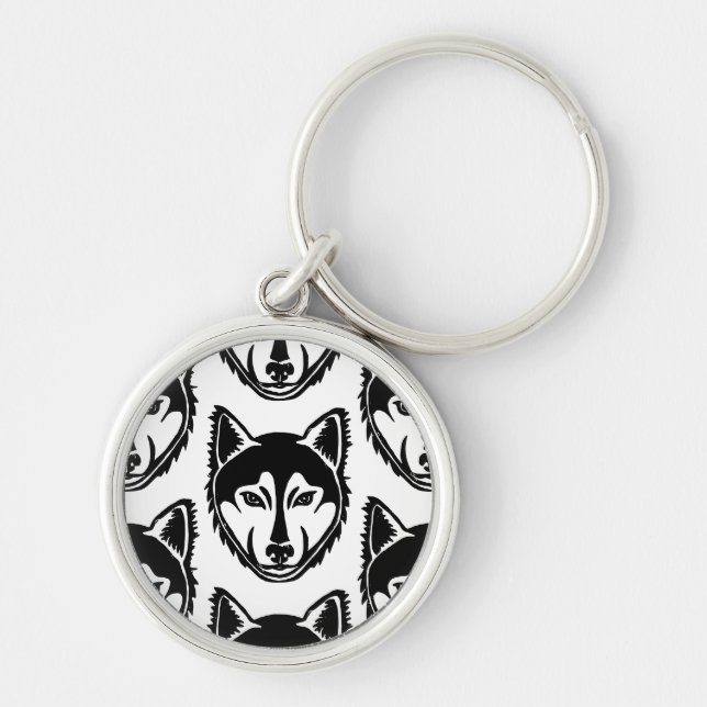 Black and White Husky Portrait Lino Cut Pattern Key Ring (Front)