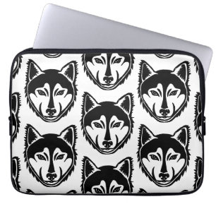 Black and White Husky Portrait Lino Cut Pattern Laptop Sleeve