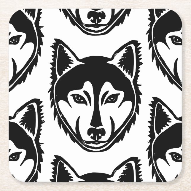 Black and White Husky Portrait Lino Cut Pattern Square Paper Coaster (Front)