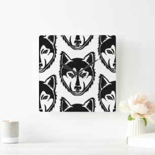 Black and White Husky Portrait Lino Cut Pattern Square Wall Clock