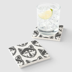 Black and White Husky Portrait Lino Cut Pattern Stone Coaster