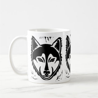 Black and White Husky Portrait Lino Cut Print Coffee Mug