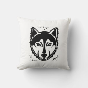 Black and White Husky Portrait Lino Cut Print Cushion