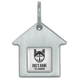 Black and White Husky Portrait Lino Cut Print Pet ID Tag