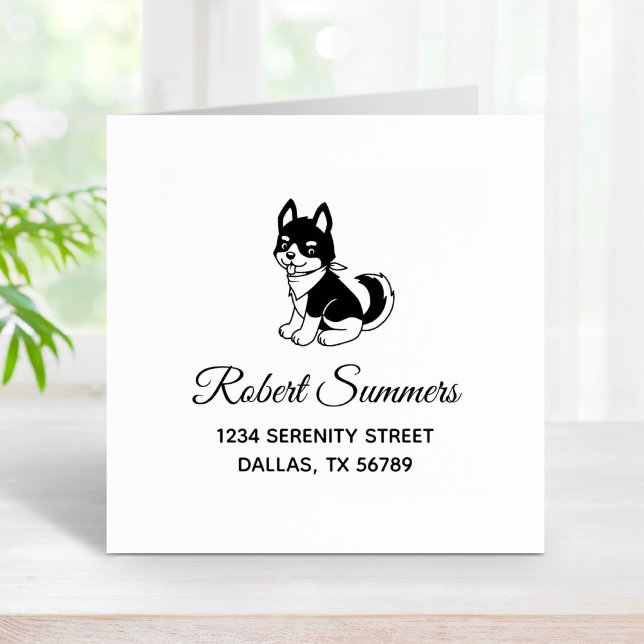 Black and White Husky Puppy Dog Address Rubber Stamp (Creator Uploaded)