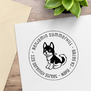 Black and White Husky Puppy Dog Round Address Rubber Stamp