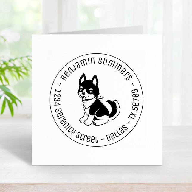 Black and White Husky Puppy Dog Round Address Rubber Stamp (Creator Uploaded)