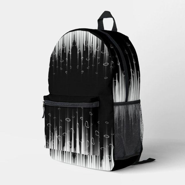 Black And White Hypnotic Circled Line Streaks Art Printed Backpack (Back Corner Right)