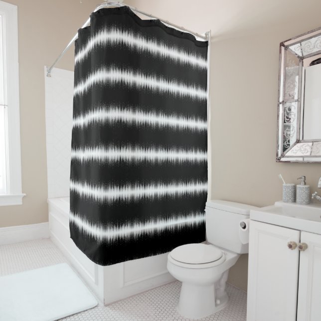 Black And White Hypnotic Circled Line Streaks Art Shower Curtain (In Situ)