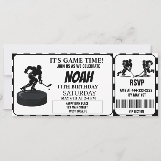 Black And White Ice Hockey Retro Ticket  Invitation (Front)