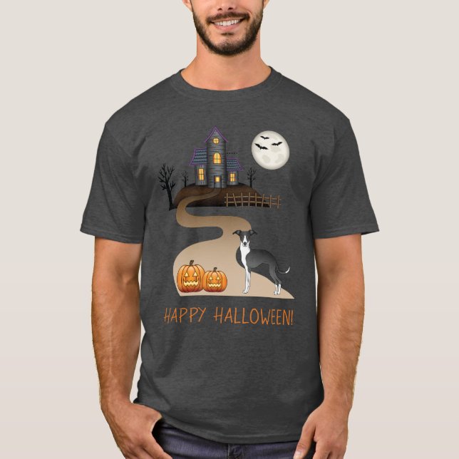 Black And White Iggy And Halloween Haunted House T-Shirt (Front)