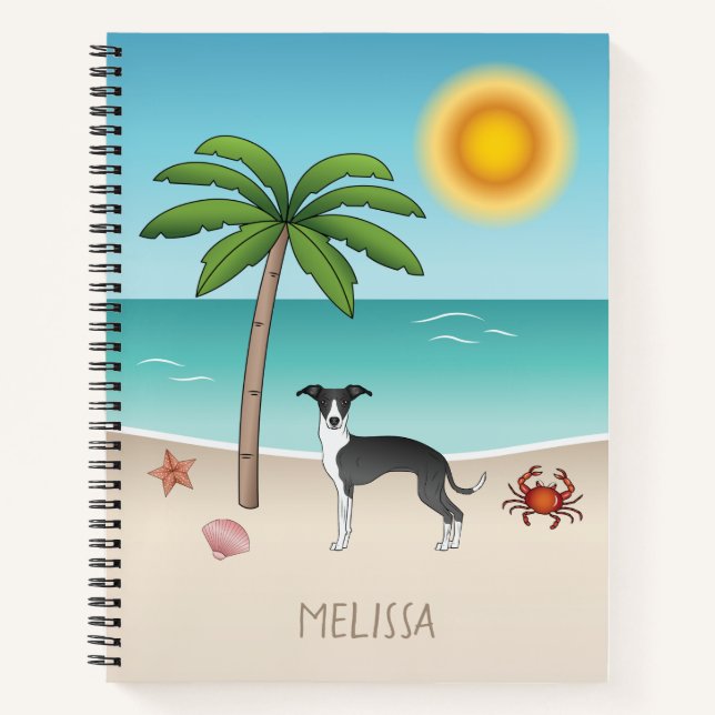 Black And White Iggy Dog At Tropical Summer Beach Notebook (Front)
