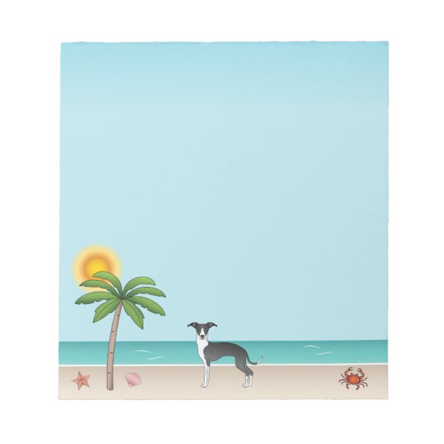 Black And White Iggy Dog At Tropical Summer Beach Notepad (Front)