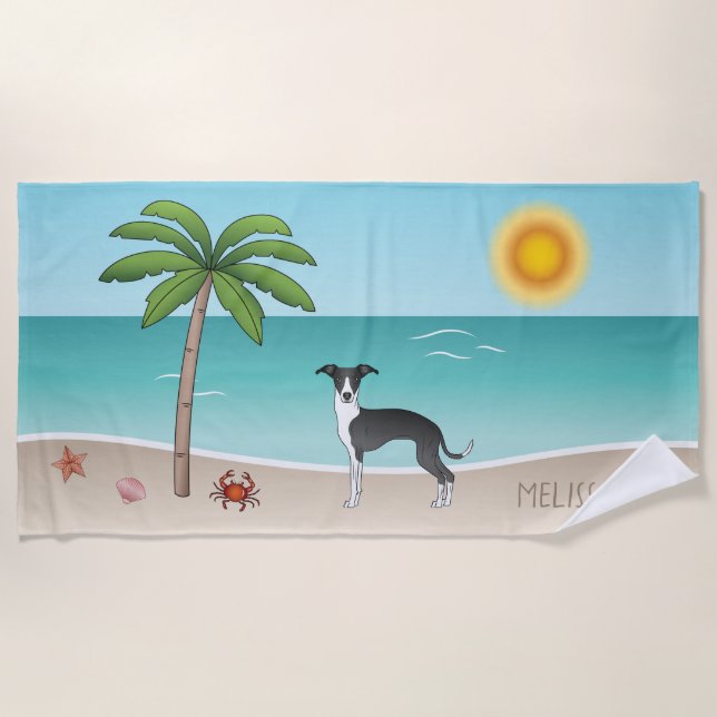 Black And White Iggy Dog At Tropical Summer Beach Towel (Front)