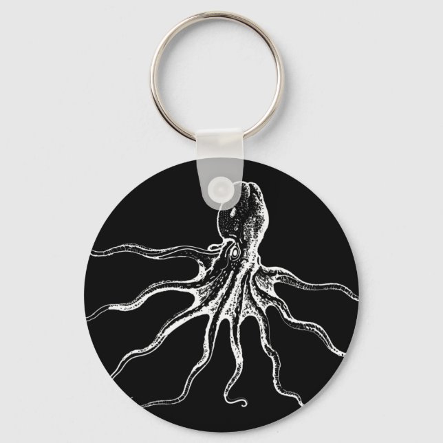 Black and White Illustrated Octopus Sea Creature Key Ring (Front)
