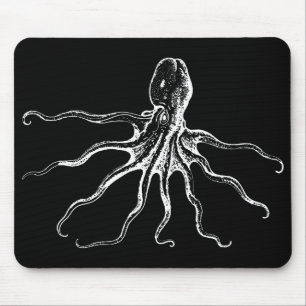 Black and White Illustrated Octopus Sea Creature Mouse Pad
