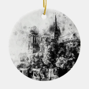 Black and White Illustration Notre-Dame Cathedral Ceramic Ornament