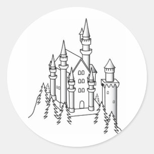 Black and White Illustration of a Castle Surrounde Classic Round Sticker