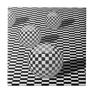 Black and white illustration with balls on a chess ceramic tile