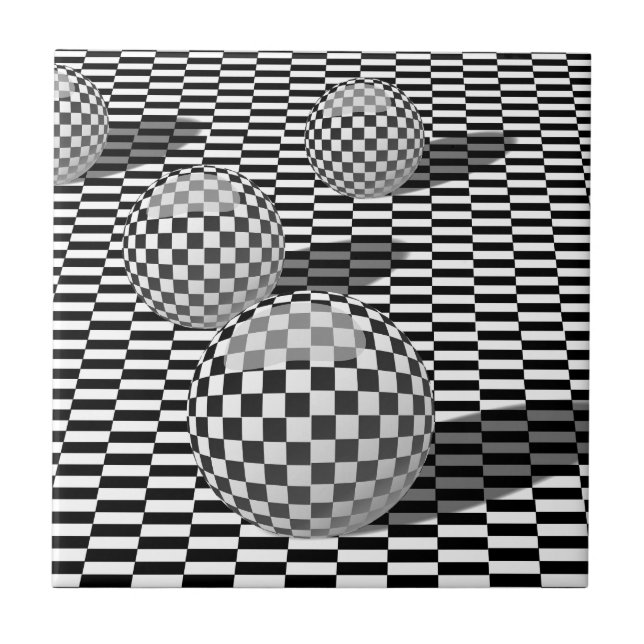 Black and white illustration with balls on a chess ceramic tile (Front)