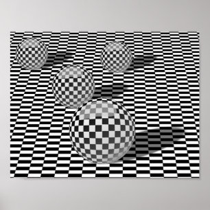 Black and white illustration with balls on a chess poster