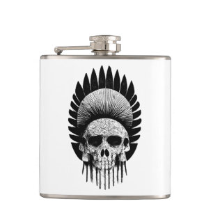 Black And White Indian Skull Hip Flask