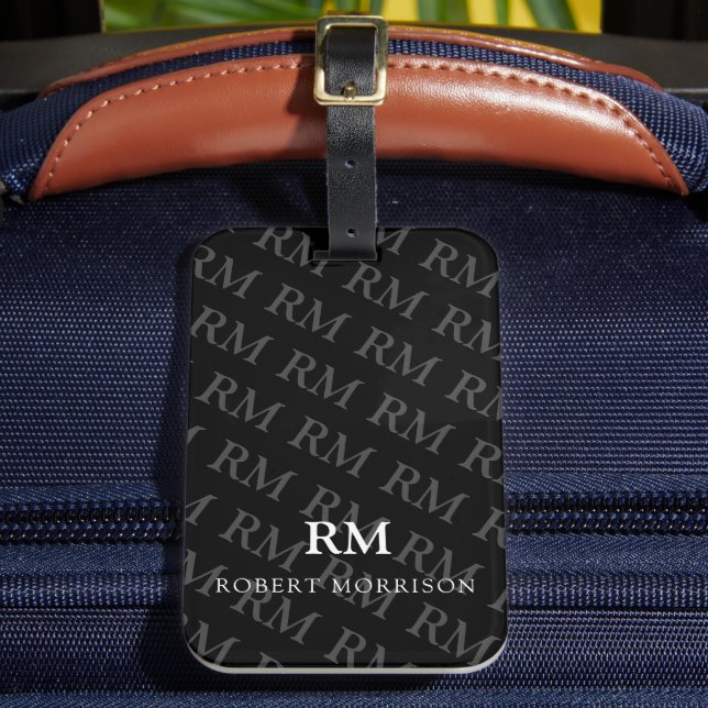 Black and White Initials Masculine Simple Luggage Tag (Front Insitu 2)