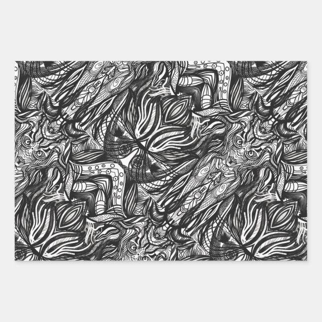 Black and White ink drawings Wrapping Paper Sheet (Front 3)