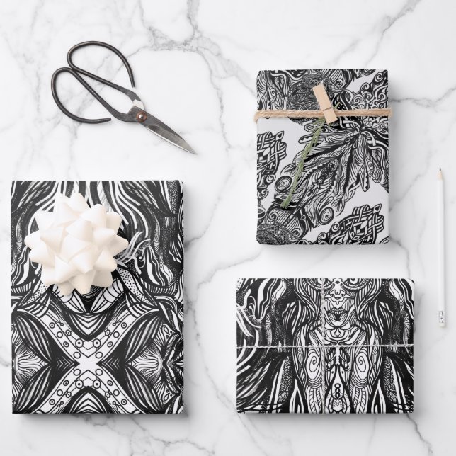 Black and White ink drawings Wrapping Paper Sheet (Front)