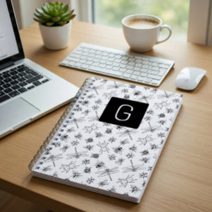 Black and White Insect Sketch Monogram Notebook