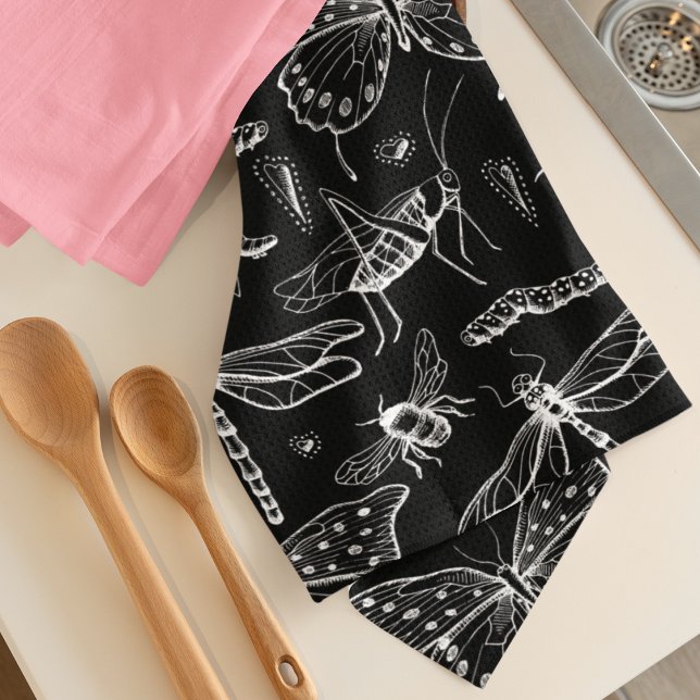 Black and White Insects Love Bug Tea Towel (Black and White "Love Bug" Insects Kitchen Towel. Hand-drawn Butterflies, Bees, Dragonflies, & More!)