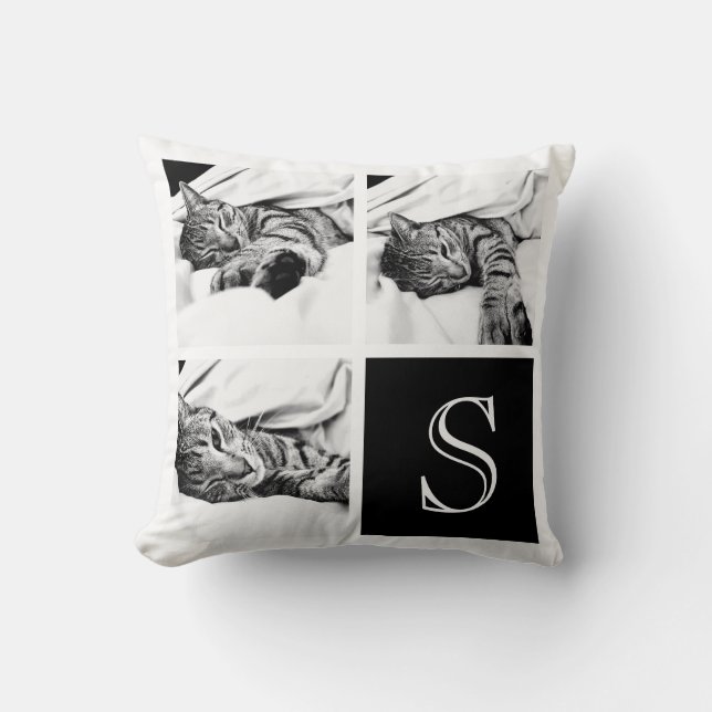 Black and White Instagram Photo Collage Monogram Cushion (Front)