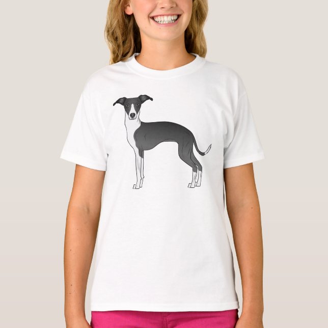 Black And White Italian Greyhound Cute Cartoon Dog T-Shirt (Front)