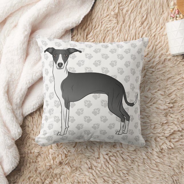 Black And White Italian Greyhound Dog With Paws Cushion (Blanket)