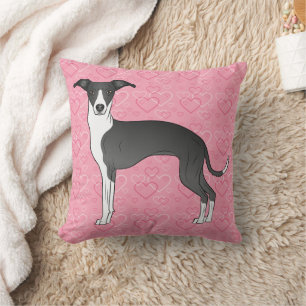 Black And White Italian Greyhound On Pink Hearts Cushion