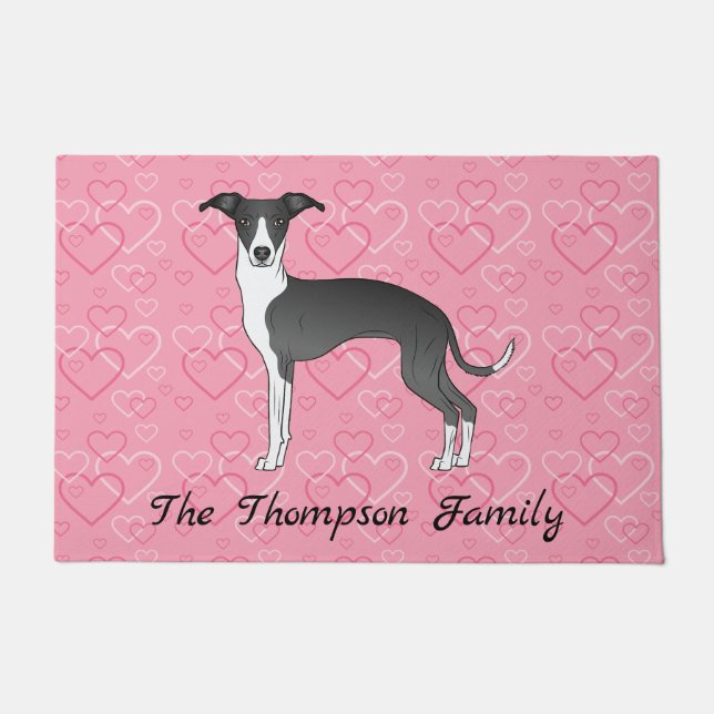 Black And White Italian Greyhound On Pink Hearts Doormat (Front)