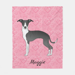 Black And White Italian Greyhound On Pink Hearts Fleece Blanket