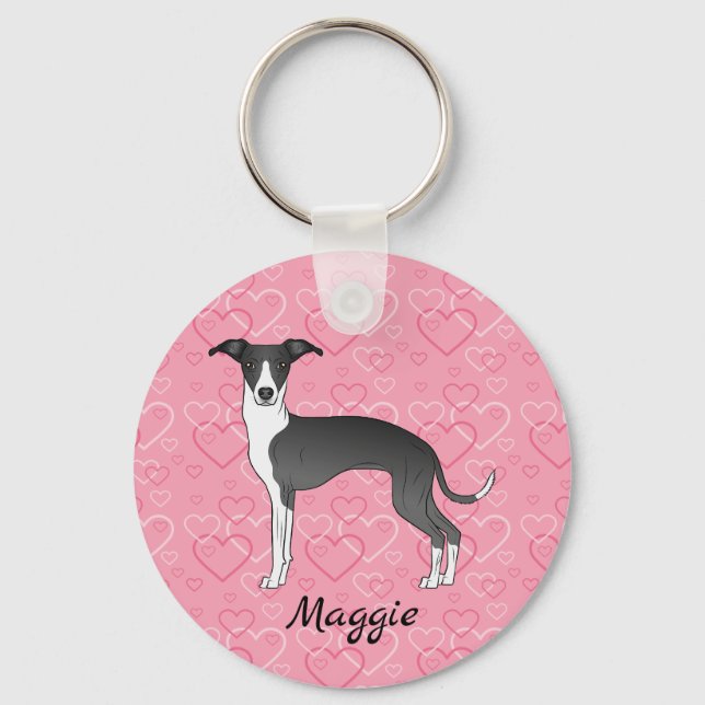 Black And White Italian Greyhound On Pink Hearts Key Ring (Front)