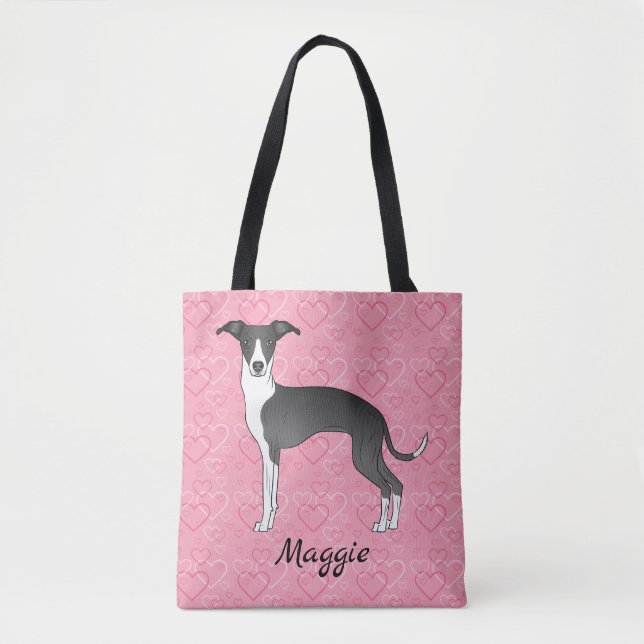 Black And White Italian Greyhound On Pink Hearts Tote Bag (Front)