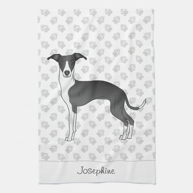 Black And White Italian Greyhound With Custom Name Tea Towel (Vertical)