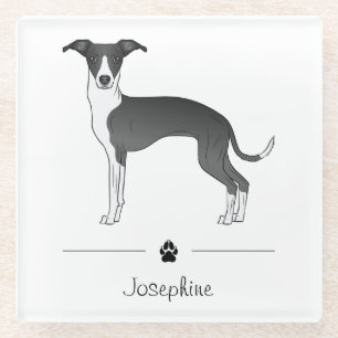 Black And White Italian Greyhound With Custom Text Glass Coaster