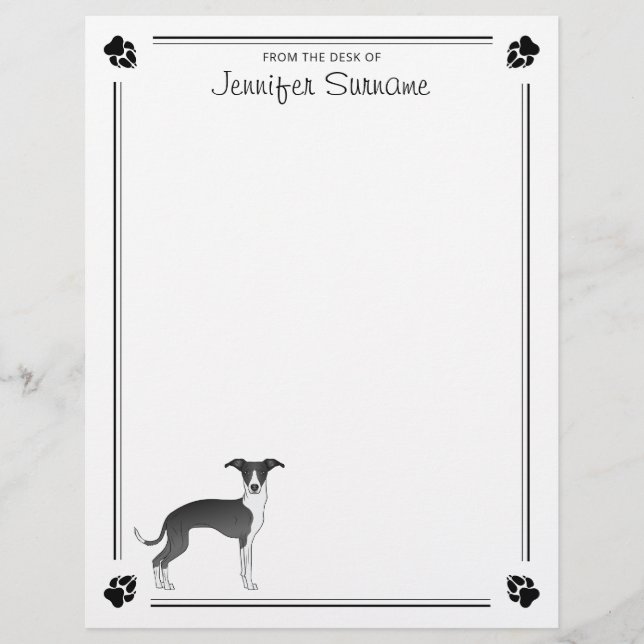 Black And White Italian Greyhound With Paws & Text Custom Letterhead (Front)