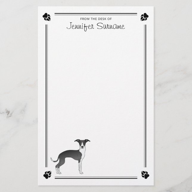 Black And White Italian Greyhound With Paws & Text Stationery (Front)