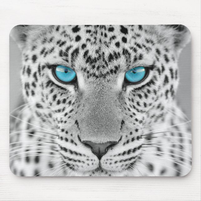 Black and White Jaguar with Blue Eyes Mouse Pad (Front)